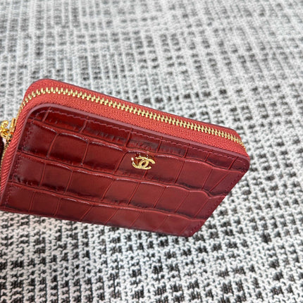CHANEL 26S ZIPPER WALLET 11 IN DARK RED CROCODILE-EMBOSSED CALFSKIN