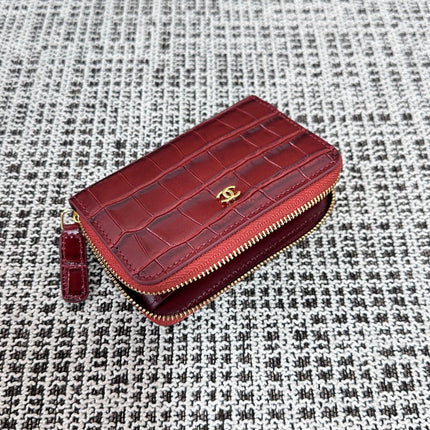 CHANEL 26S ZIPPER WALLET 11 IN DARK RED CROCODILE-EMBOSSED CALFSKIN