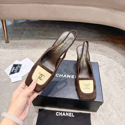 CHANEL 26S SQUARE TOE SLINGBACK PUMPS 95MM IN DARK BROWN AND BEIGE SUEDE GOLD HARDWARE