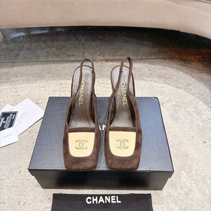 CHANEL 26S SQUARE TOE SLINGBACK PUMPS 95MM IN DARK BROWN AND BEIGE SUEDE GOLD HARDWARE