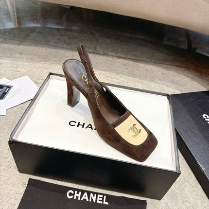 CHANEL 26S SQUARE TOE SLINGBACK PUMPS 95MM IN DARK BROWN AND BEIGE SUEDE GOLD HARDWARE