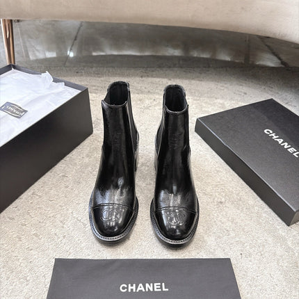CHANEL 26S CAP TOE CHELSEA ANKLE BOOTS 65MM IN BLACK CRINKLED CALFSKIN