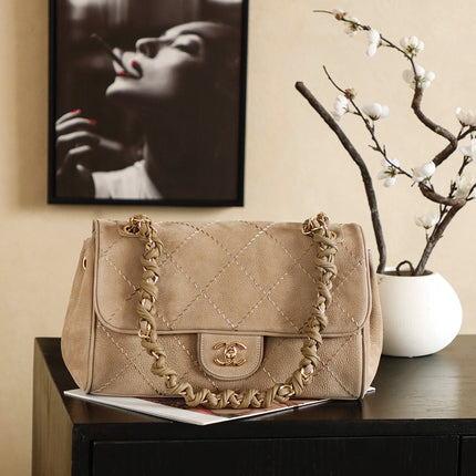 CHANEL 26S FLAP BAG 30 IN BEIGE SUEDE WITH CHAIN STRAP