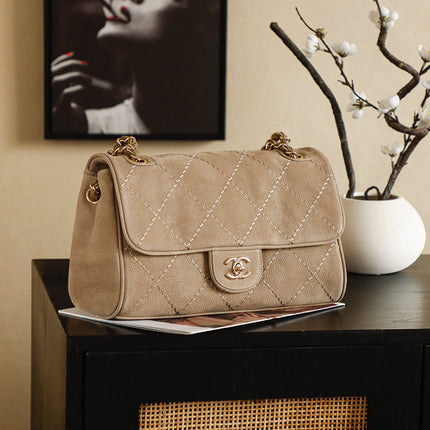 CHANEL 26S FLAP BAG 30 IN BEIGE SUEDE WITH CHAIN STRAP