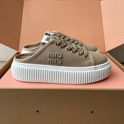 WASH SNEAKER MULES IN DARK BEIGE DENIM STRIPED LACES