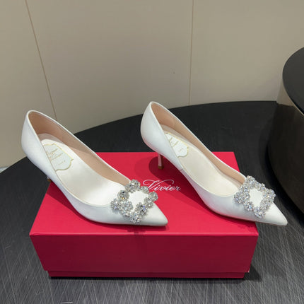 ROGER VIVIER 25S POINTED TOE HIGH HEELS 70MM IN IVORY SILK EMBELLISHED CRYSTALS