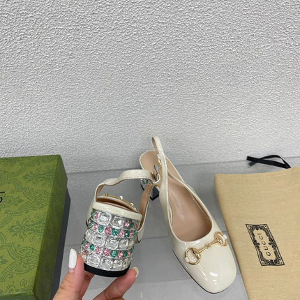 GG WOMEN'S HORSEBIT SLINGBACK IN WHITE CALFSKIN WITH RHINSTONES