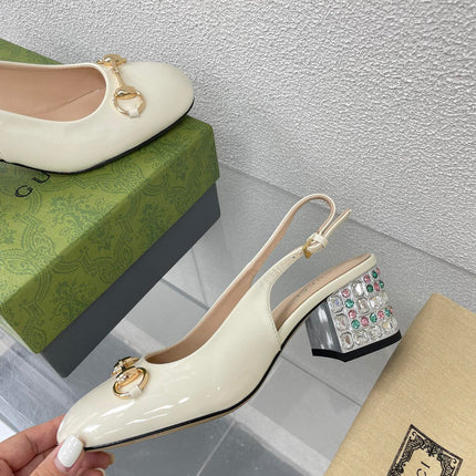 GG WOMEN'S HORSEBIT SLINGBACK IN WHITE CALFSKIN WITH RHINSTONES