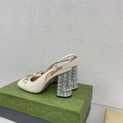 GG WOMEN'S HORSEBIT SLINGBACK 95MM IN WHITE CALFSKIN WITH RHINSTONES