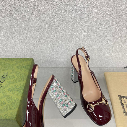 GG WOMEN'S HORSEBIT SLINGBACK 95MM IN WINE RED CALFSKIN WITH RHINSTONES