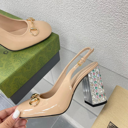 GG WOMEN'S HORSEBIT SLINGBACK 95MM IN TAN BEIGE CALFSKIN WITH RHINSTONES