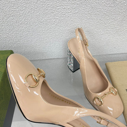 GG WOMEN'S HORSEBIT SLINGBACK 95MM IN TAN BEIGE CALFSKIN WITH RHINSTONES