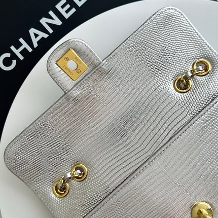 CHANEL 26S FLAP BAG 22 IN METALLIC SILVER LIZARD-EMBOSSED LEATHER
