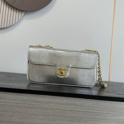 CHANEL 26S FLAP BAG 22 IN METALLIC SILVER LIZARD-EMBOSSED LEATHER