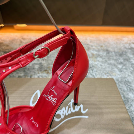 CHRISTIAN LOUBOUTIN 26S T-STRAP PUMPS 100 MM IN RED MESH RHINESTONE EMBELLISHMENTS