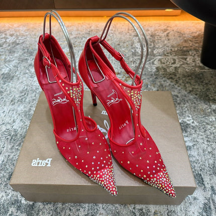 CHRISTIAN LOUBOUTIN 26S T-STRAP PUMPS 100 MM IN RED MESH RHINESTONE EMBELLISHMENTS