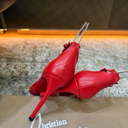 CHRISTIAN LOUBOUTIN 26S T-STRAP PUMPS 100 MM IN RED MESH RHINESTONE EMBELLISHMENTS