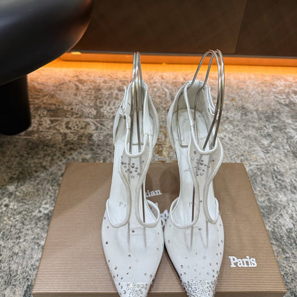 CHRISTIAN LOUBOUTIN 26S T-STRAP PUMPS 100 MM IN OFF WHITE MESH RHINESTONE EMBELLISHMENTS