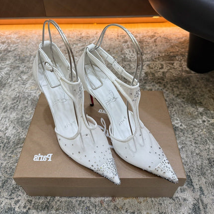 CHRISTIAN LOUBOUTIN 26S T-STRAP PUMPS 100 MM IN OFF WHITE MESH RHINESTONE EMBELLISHMENTS