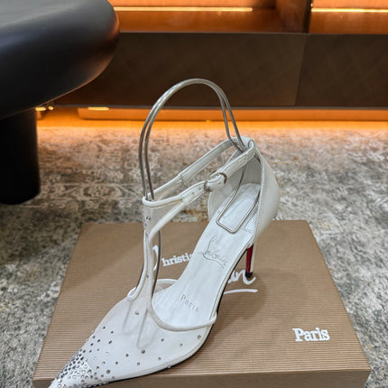 CHRISTIAN LOUBOUTIN 26S T-STRAP PUMPS 100 MM IN OFF WHITE MESH RHINESTONE EMBELLISHMENTS