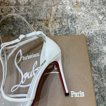 CHRISTIAN LOUBOUTIN 26S T-STRAP PUMPS 100 MM IN OFF WHITE MESH RHINESTONE EMBELLISHMENTS