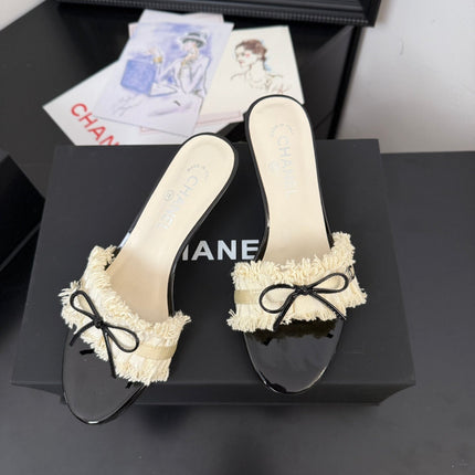 WHITE GROSGRAIN CANVAS BOW MULE SANDALS 65 MM