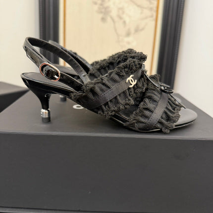 BLACK GROSGRAIN CANVAS BOW SLINGBACK SANDALS 65 MM