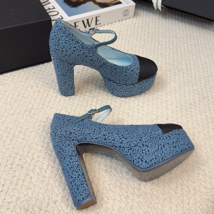 FLATFORM SANDAL IN AEGEAN BLUE TWEED AND BLACK FABRIC