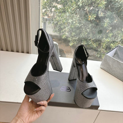 PLATFORM ANKLE STRAP HEELS IN BLACK ATTACHED RHINESTONES CALFSKIN