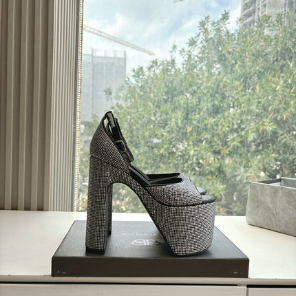 PLATFORM ANKLE STRAP HEELS IN BLACK ATTACHED RHINESTONES CALFSKIN