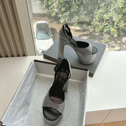 PLATFORM ANKLE STRAP HEELS IN BLACK ATTACHED RHINESTONES CALFSKIN