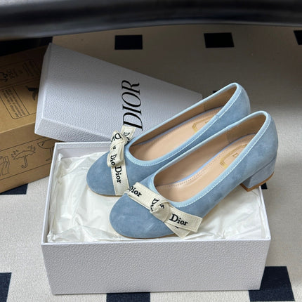 DIOR 26S MARY JANE HIGH HEELS 35MM IN LIGHT BLUE SUEDE WITH WHITE LOGO RIBBON