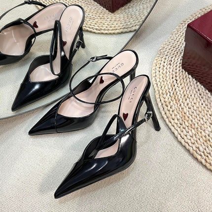 HIGH SLINGBACK PUMP 10 CM IN BLACK GLOSSY CALFSKIN