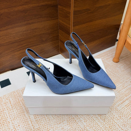 CELINE 26S SLINGBACK HIGH HEEL PUMPS 85 MM IN BLUE DEMIN