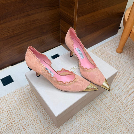 JIMMY CHOO 26S CUTOUT HEELS 65 MM IN LIGHT PINK LACE WITH METAL TOE CAP