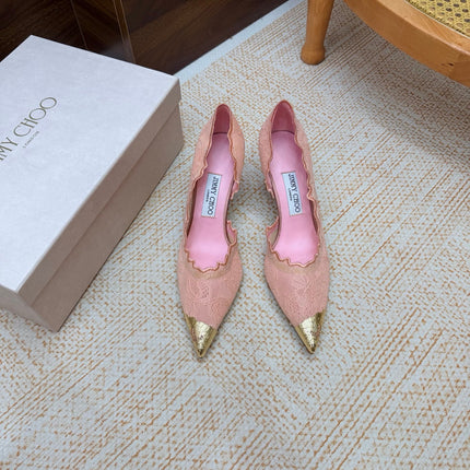 JIMMY CHOO 26S CUTOUT HEELS 65 MM IN LIGHT PINK LACE WITH METAL TOE CAP