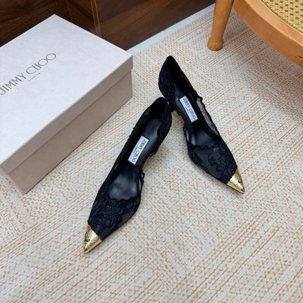 JIMMY CHOO 26S CUTOUT HEELS 65 MM IN BLACK LACE WITH METAL TOE CAP