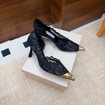 JIMMY CHOO 26S CUTOUT HEELS 65 MM IN BLACK LACE WITH METAL TOE CAP