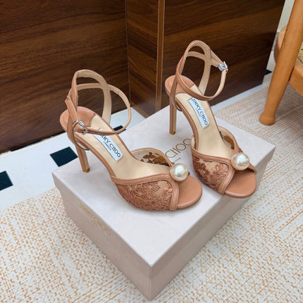JIMMY CHOO 26S HEEL SANDALS 100 MM IN TAUPE NUDE FLORAL LACE PEARL EMBELLISHED