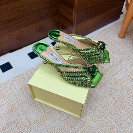 JIMMY CHOO 26S HEEL SANDALS 65 MM IN GREEN METALLIC LEATHER CRYSTAL EMBELLISHED