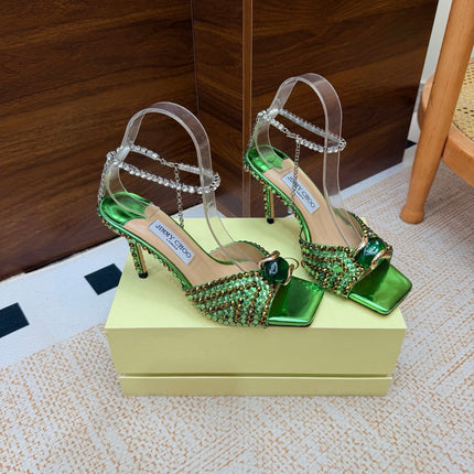 JIMMY CHOO 26S HEEL SANDALS 85 MM IN GREEN METALLIC LEATHER CRYSTAL EMBELLISHED