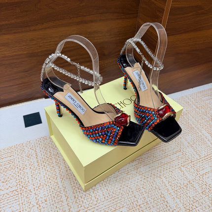 JIMMY CHOO 26S HEEL SANDALS 85 MM IN BLACK LEATHER CRYSTAL EMBELLISHED