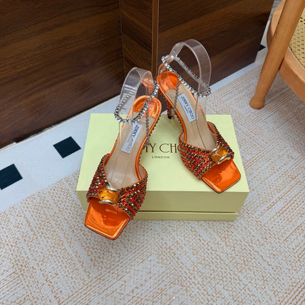 JIMMY CHOO 26S HEEL SANDALS 85 MM IN METALLIC ORANGE LEATHER CRYSTAL EMBELLISHED