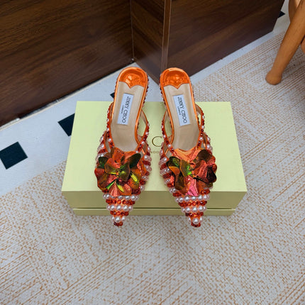 JIMMY CHOO 26S HEEL SANDALS 65 MM IN ORANGE CRYSTAL AND PEARL EMBELLISHED