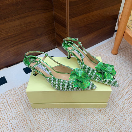 JIMMY CHOO 26S SLINGBACK PUMPS 65 MM IN GREEN CRYSTAL AND PEARL EMBELLISHED