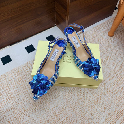 JIMMY CHOO 26S SLINGBACK PUMPS 65 MM IN BLUE CRYSTAL AND PEARL EMBELLISHED