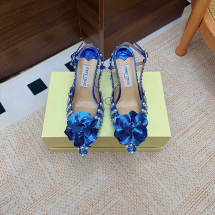 JIMMY CHOO 26S SLINGBACK PUMPS 65 MM IN BLUE CRYSTAL AND PEARL EMBELLISHED