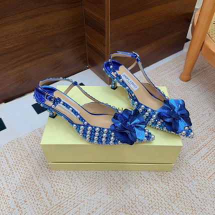 JIMMY CHOO 26S SLINGBACK PUMPS 65 MM IN BLUE CRYSTAL AND PEARL EMBELLISHED
