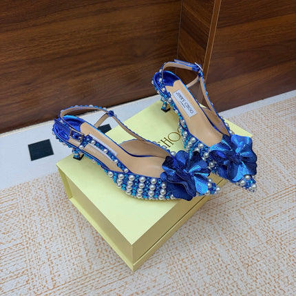 JIMMY CHOO 26S SLINGBACK PUMPS 65 MM IN BLUE CRYSTAL AND PEARL EMBELLISHED