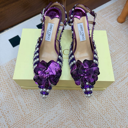 JIMMY CHOO 26S SLINGBACK PUMPS 65 MM IN PURPLE CRYSTAL AND PEARL EMBELLISHED